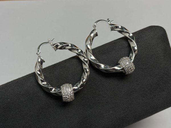 New Premium Twisted Ball Hoops – 35mm – Rhodium Plated