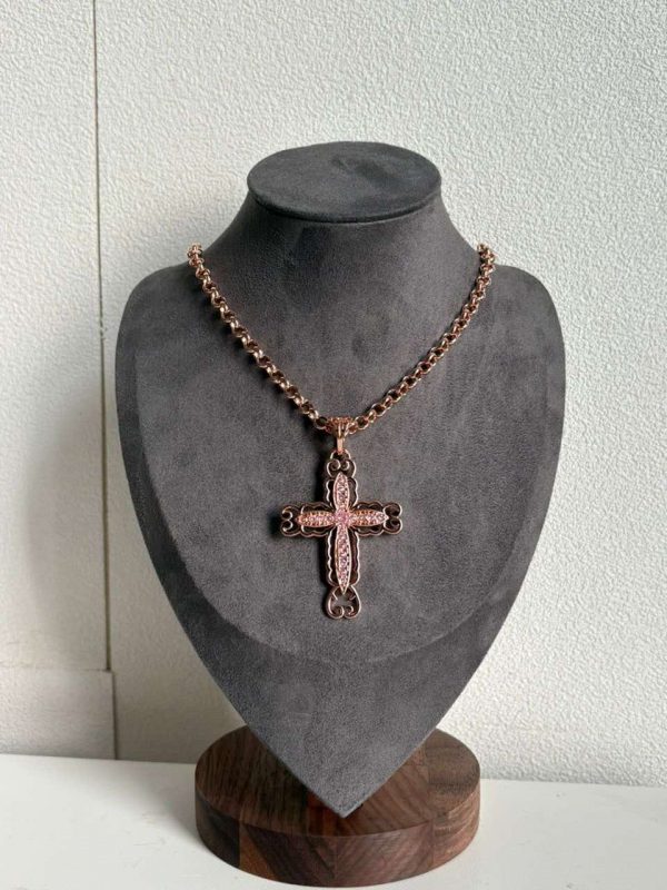 5mm Cross Pendant Necklace with Pink Stones
