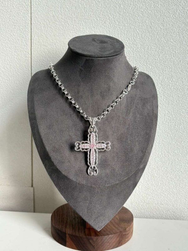 5mm Cross Pendant Necklace with Pink Stones - Image 2