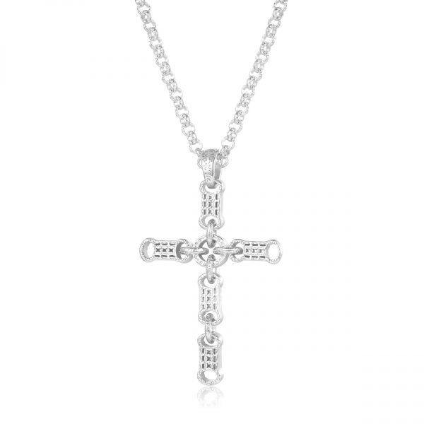 Stars and Bars Cross Pendant with 4mm Belcher Chain - Rhodium Plated