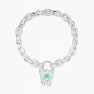 Premium Silver Button Lock Bracelet with Aquamarine Vintage Lock