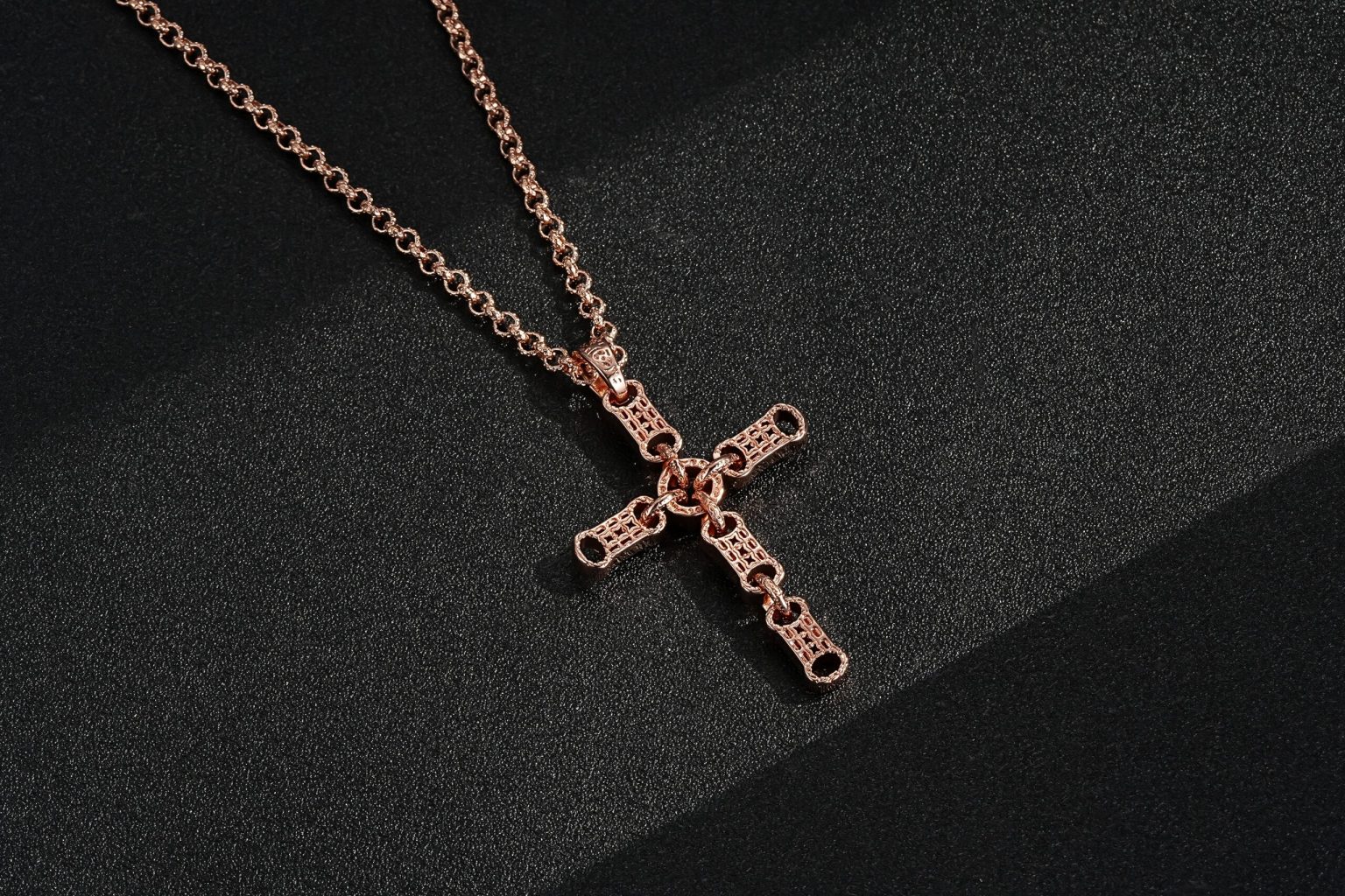 Stars and Bars Cross Pendant with 4mm Belcher Chain - Rose Gold Filled