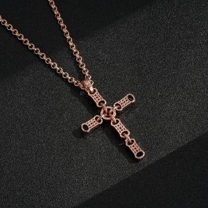 Stars and Bars Cross Pendant with 4mm Belcher Chain - Rose Gold Filled