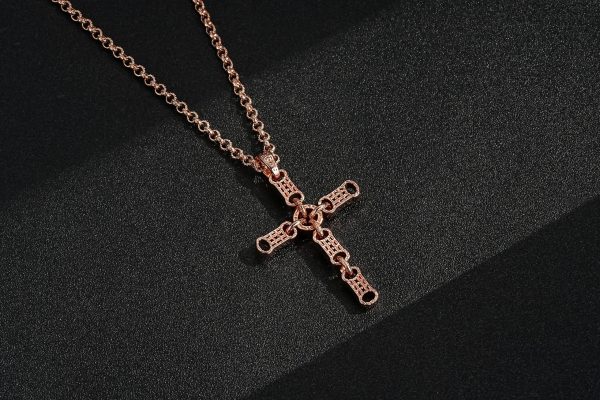 Stars and Bars Cross Pendant with 4mm Belcher Chain - Rose Gold Filled