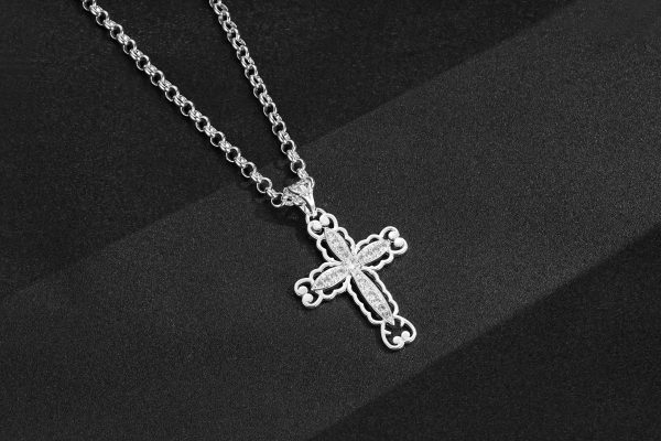 Premium Cross Necklace with 5mm belcher - Rhodium Plated - Image 2