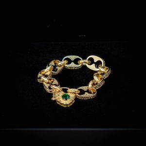 Premium Gold-Filled Vintage Gold Button Lock Bracelet – Green Stone