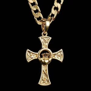 Gold-Filled Premium Celtic Claddagh Cross Pendant with 22-Inch 6mm Cuban Chain
