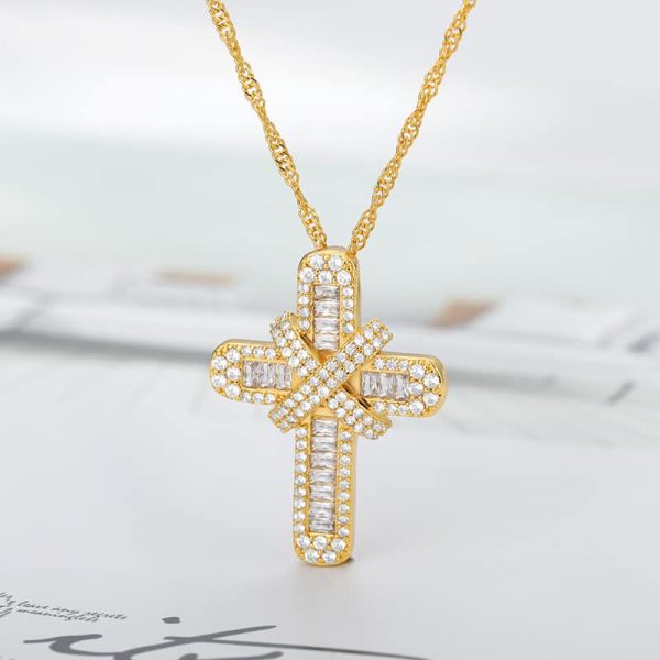 Gold Iced Out Cross Pendant and Chain - Image 2