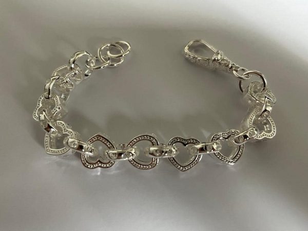 Silver Heart Belcher Bracelet with Rhodium Plating 12mm